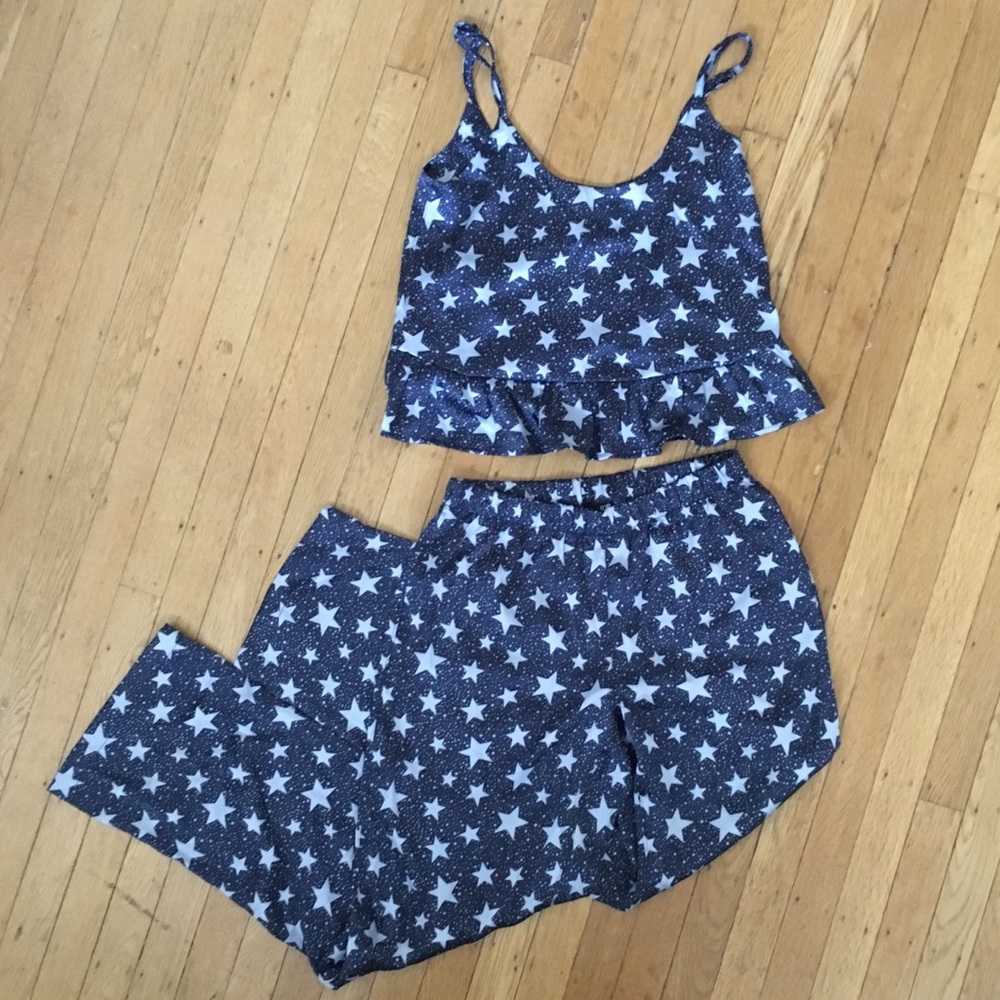 Topshop Satin Blue Star Print 2 pc Pajama Set NWT